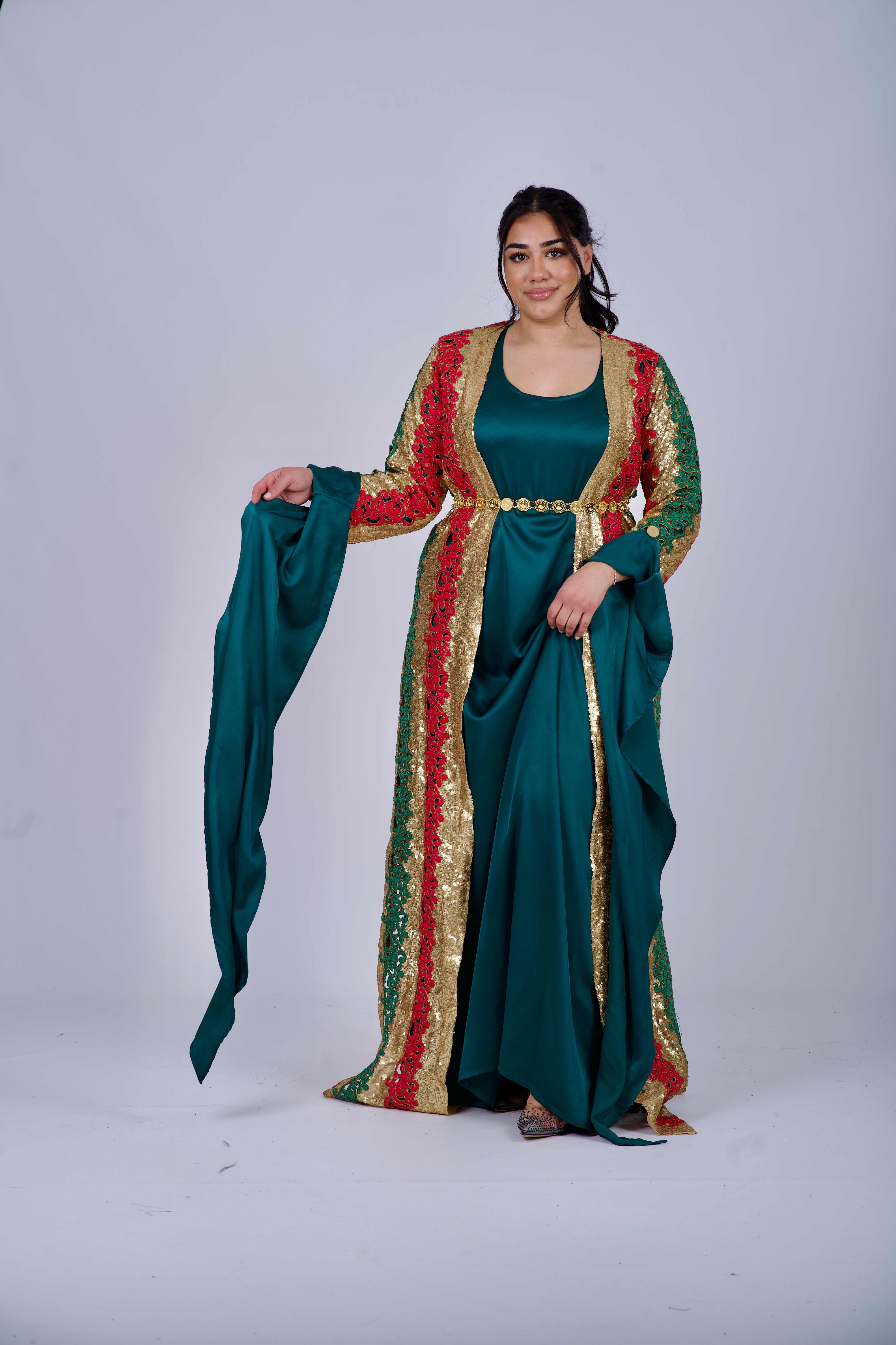 Elegant Kurdish Dress with Golden Sequins and Embroidery – Perfect for
