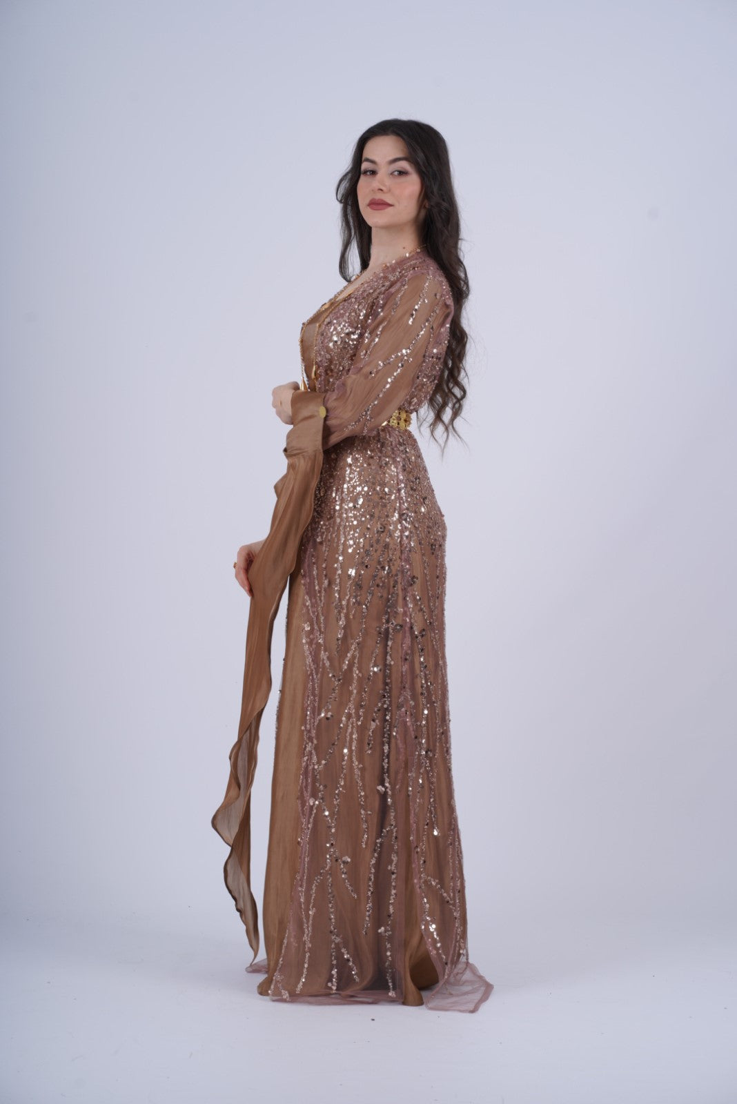 Newroz Warm Brown – Luxurious Kurdish Dress with Golden Crystal Embroidery