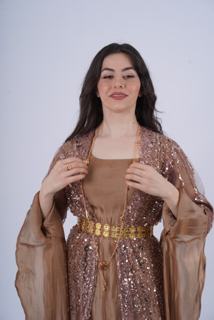 Newroz Warm Brown – Luxurious Kurdish Dress with Golden Crystal Embroidery