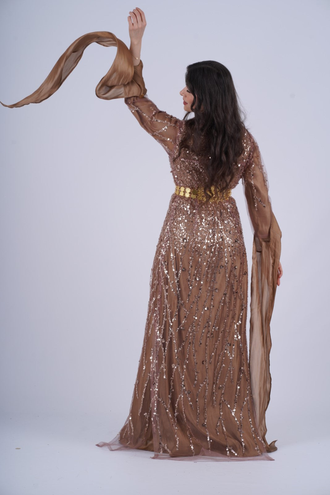 Newroz Warm Brown – Luxurious Kurdish Dress with Golden Crystal Embroidery