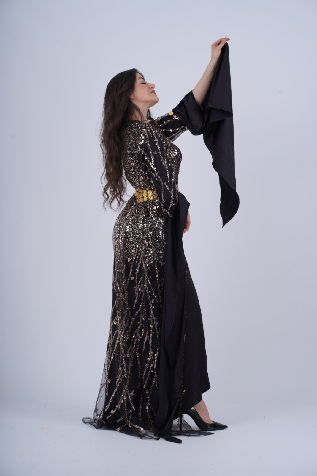 Newroz Kurdish Dress – Black & Gold Sequin Embroidery with Adjustable Satin Silk Kiras