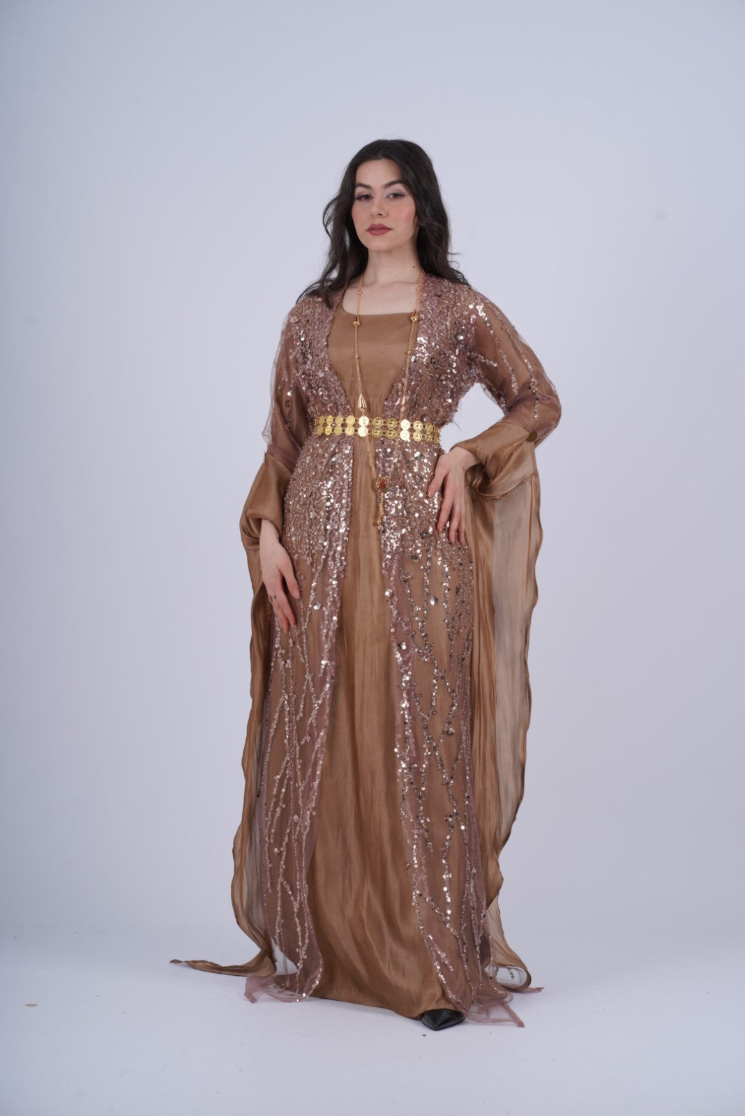 Newroz Warm Brown – Luxurious Kurdish Dress with Golden Crystal Embroidery