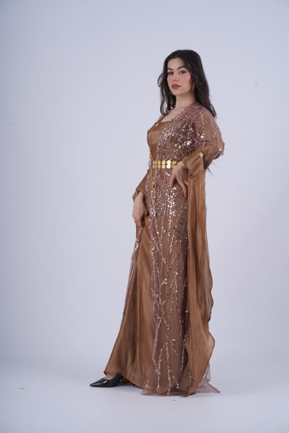 Newroz Warm Brown – Luxurious Kurdish Dress with Golden Crystal Embroidery