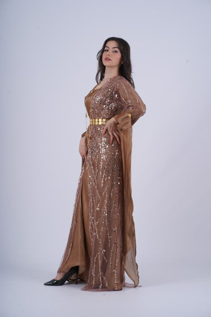 Newroz Warm Brown – Luxurious Kurdish Dress with Golden Crystal Embroidery