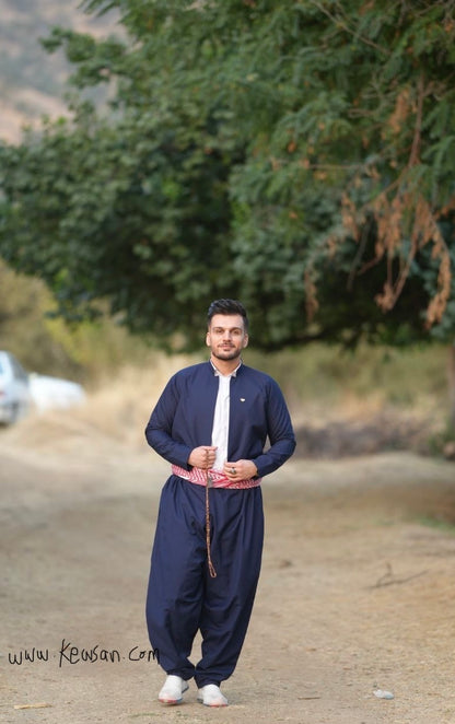 Close-up of the Peshtwen Shal belt in Navy Blue with intricate floral patterns, completing the traditional Kurdish outfit.