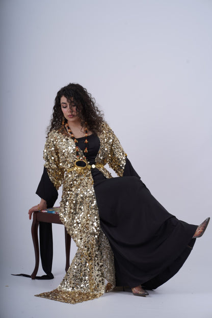 Golden Mixed size Sequins Kawa – Elegant Kurdish Kaftan | Traditional Kurdish Dress- with Kiras Black 2 items