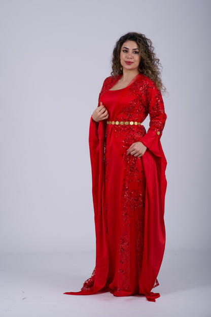 Beautiful Red Shkofe Dress adorned with delicate red sequin floral embroidery, perfect for Kurdish weddings and cultural festivals.