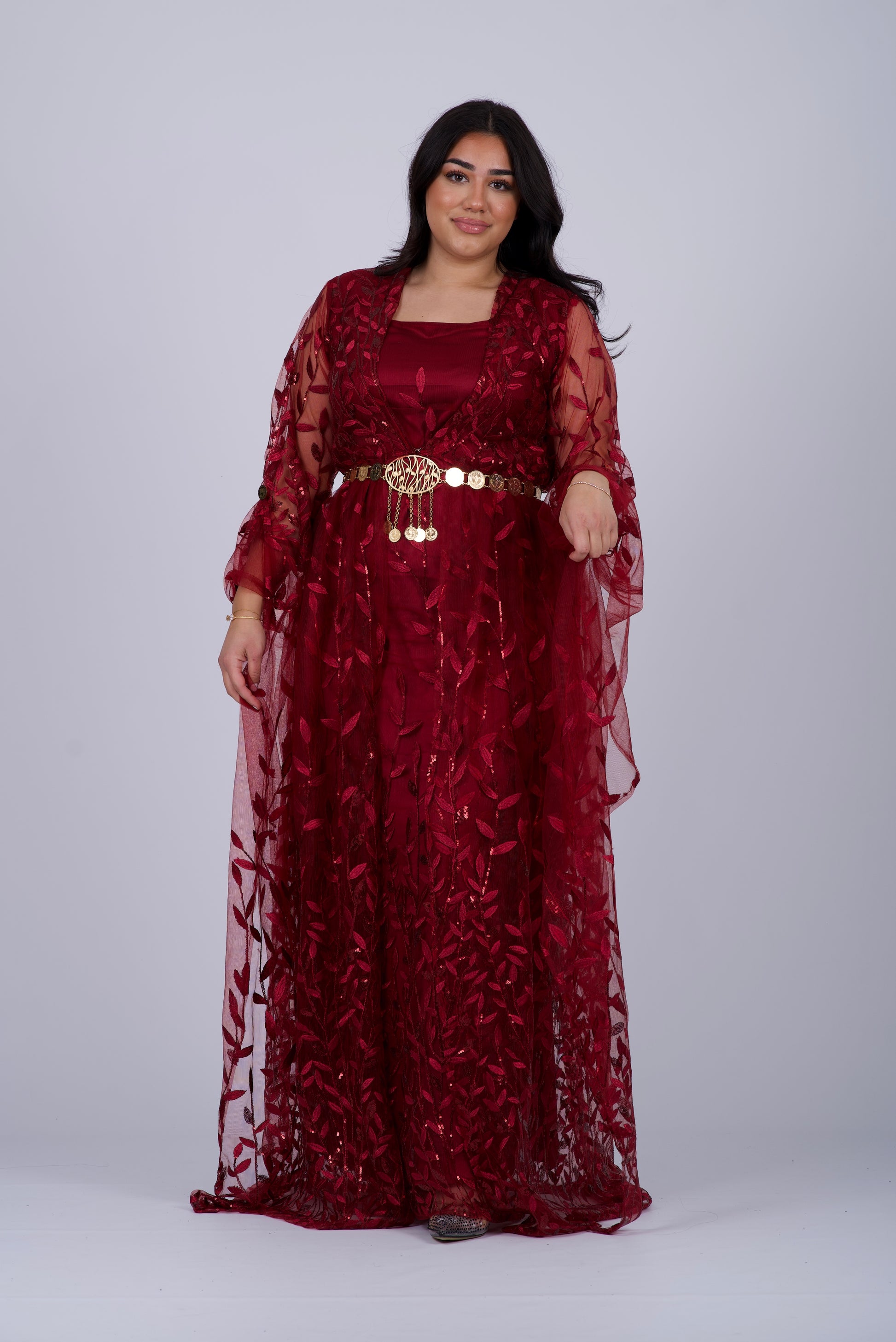 Red Wine Badini-Style Kurdish Dress with intricate leaf-patterned embroidery and long flowing sleeves, perfect for Newroz and Kurdish weddings.