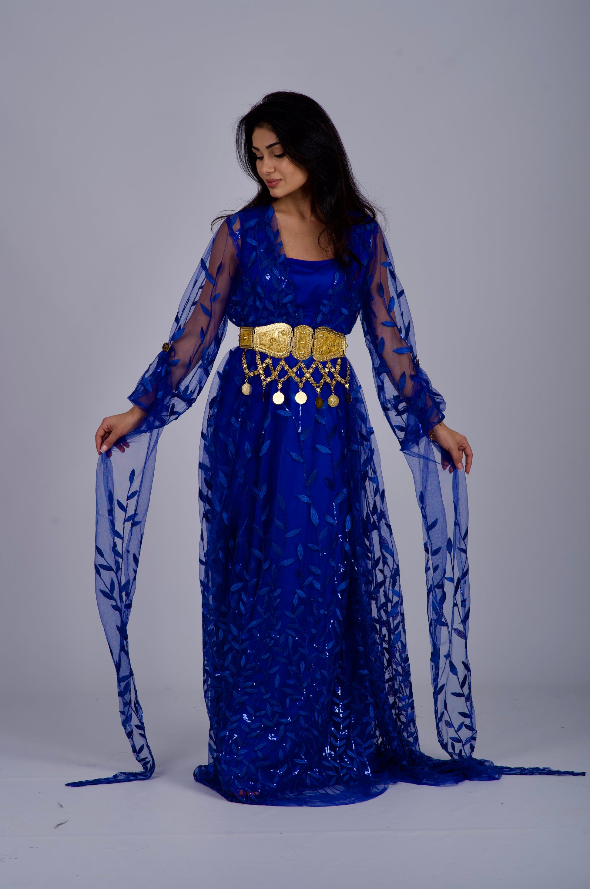 Robe kurde traditionnelle bleu royal avec manches longues et broderie élégante, parfaite pour les célébrations de Newroz et les mariages kurdes.