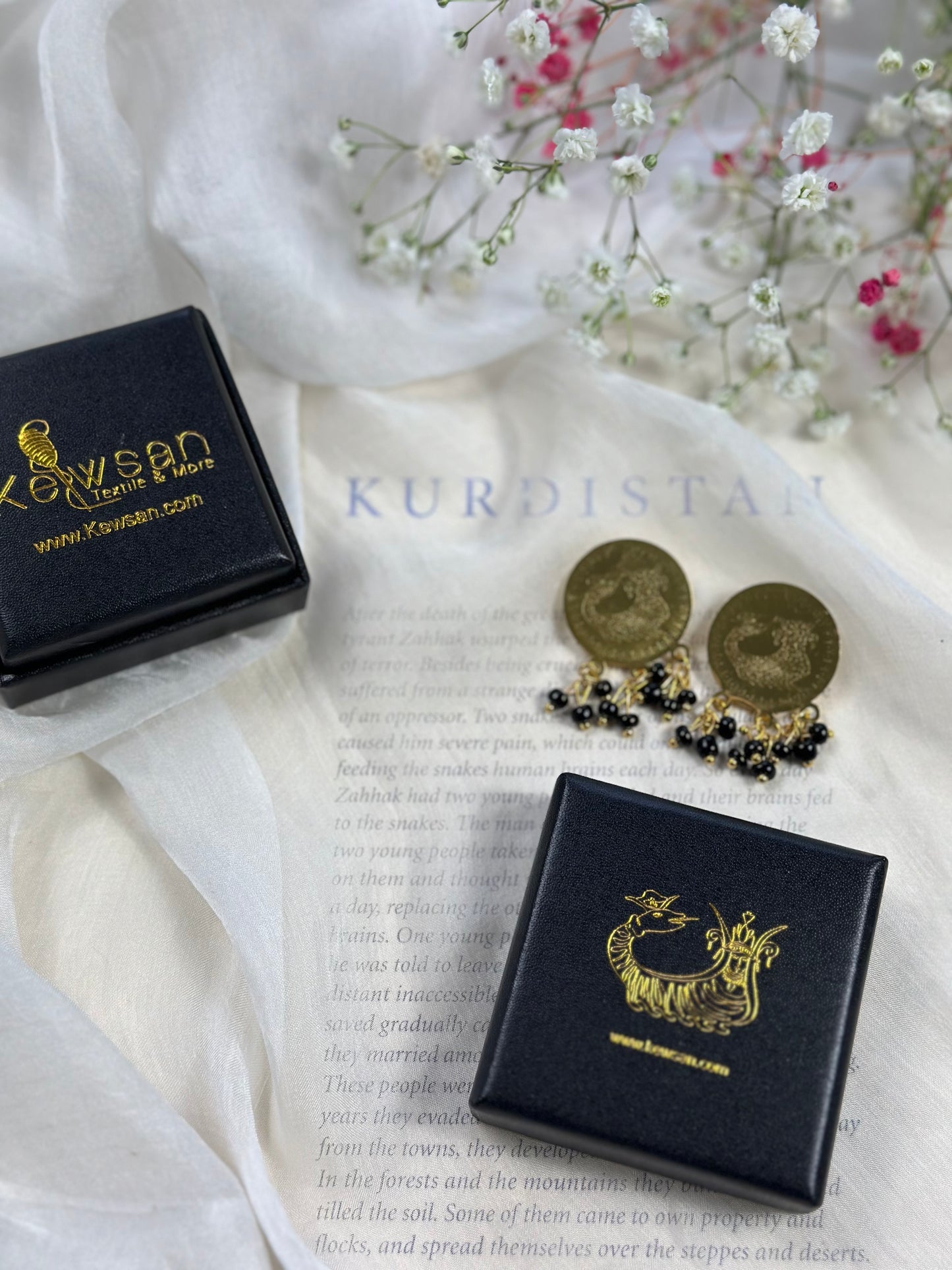 Complete Shamaran Kurdish Brooch Set displayed with two arm pins and a heart-shaped decorative box, symbolizing Kurdish culture and heritage.