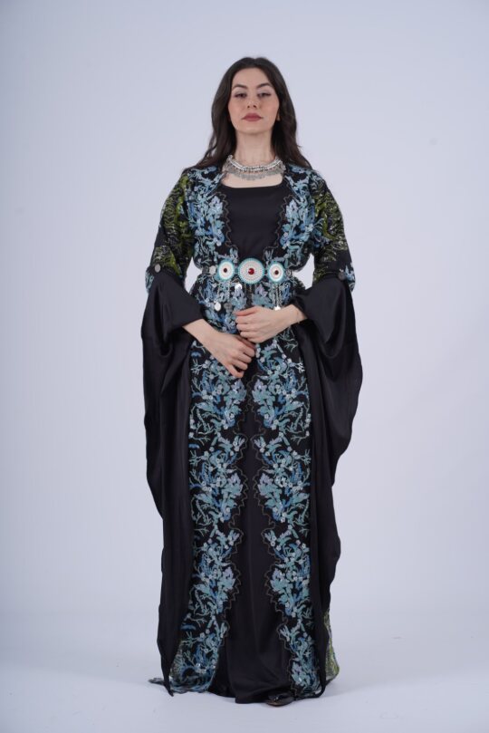 Shanaz Kurdish Dress – Elegant 2-Piece Set in Turquoise, Black &amp; Olive Embroidery