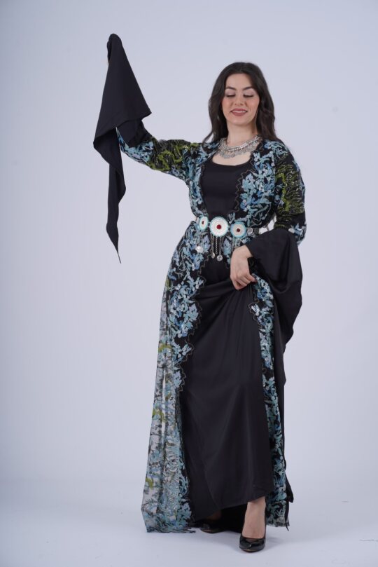 Shanaz Kurdish Dress – Elegant 2-Piece Set in Turquoise, Black &amp; Olive Embroidery