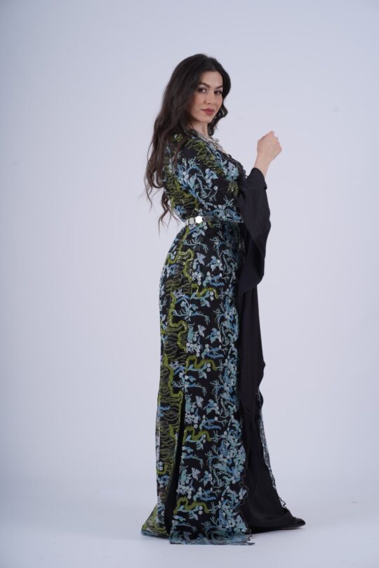 Shanaz Kurdish Dress – Elegant 2-Piece Set in Turquoise, Black &amp; Olive Embroidery