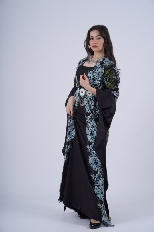 Shanaz Kurdish Dress – Elegant 2-Piece Set in Turquoise, Black &amp; Olive Embroidery