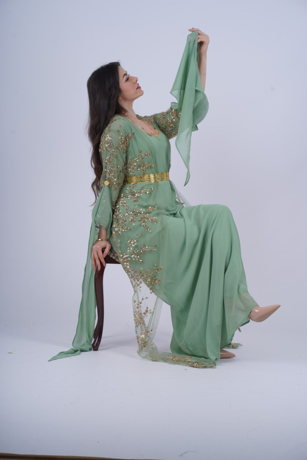 Shkofa Kurdish Dress – Mint Green Chiffon with Golden Sequin Embroidery