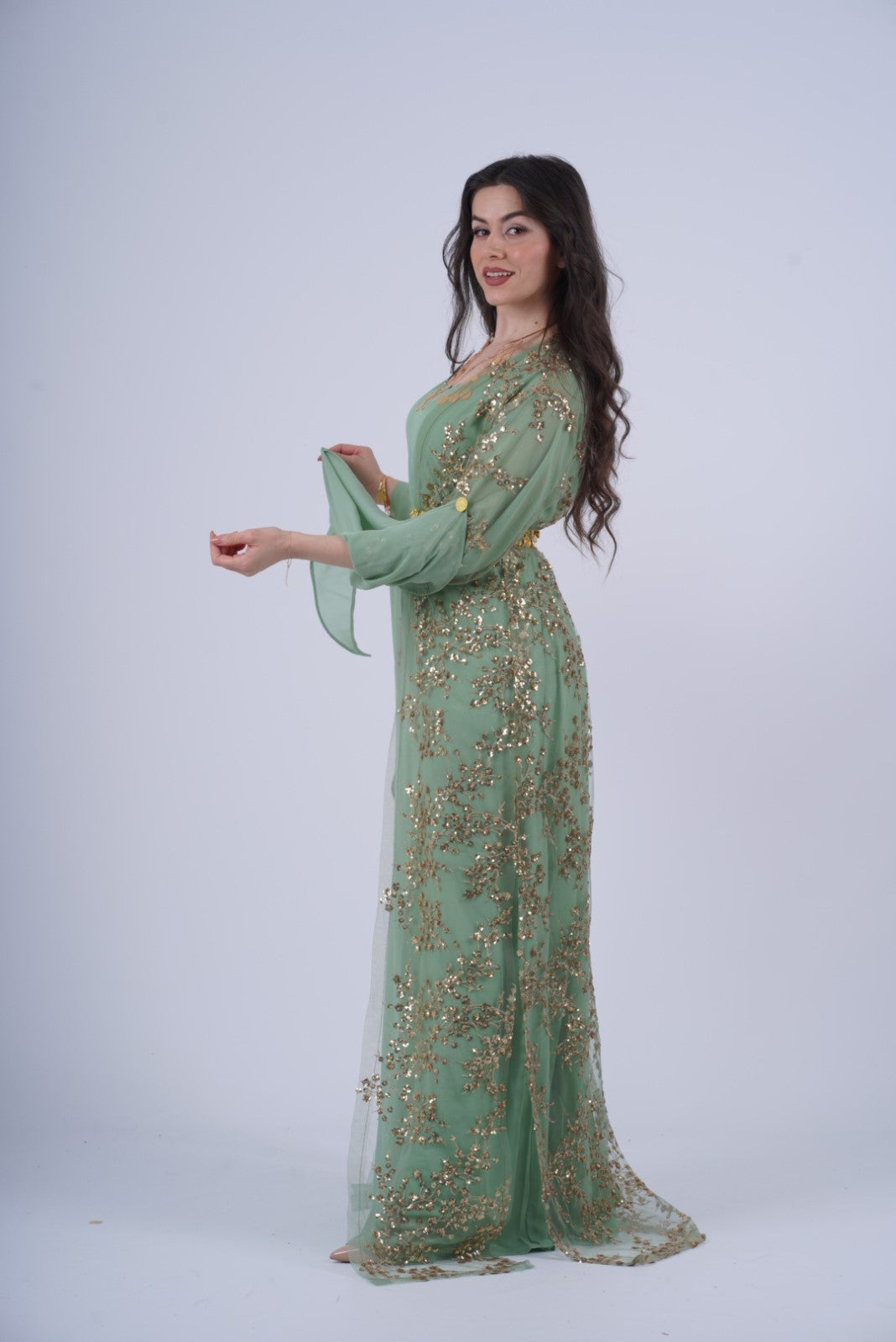 Shkofa Kurdish Dress – Mint Green Chiffon with Golden Sequin Embroidery