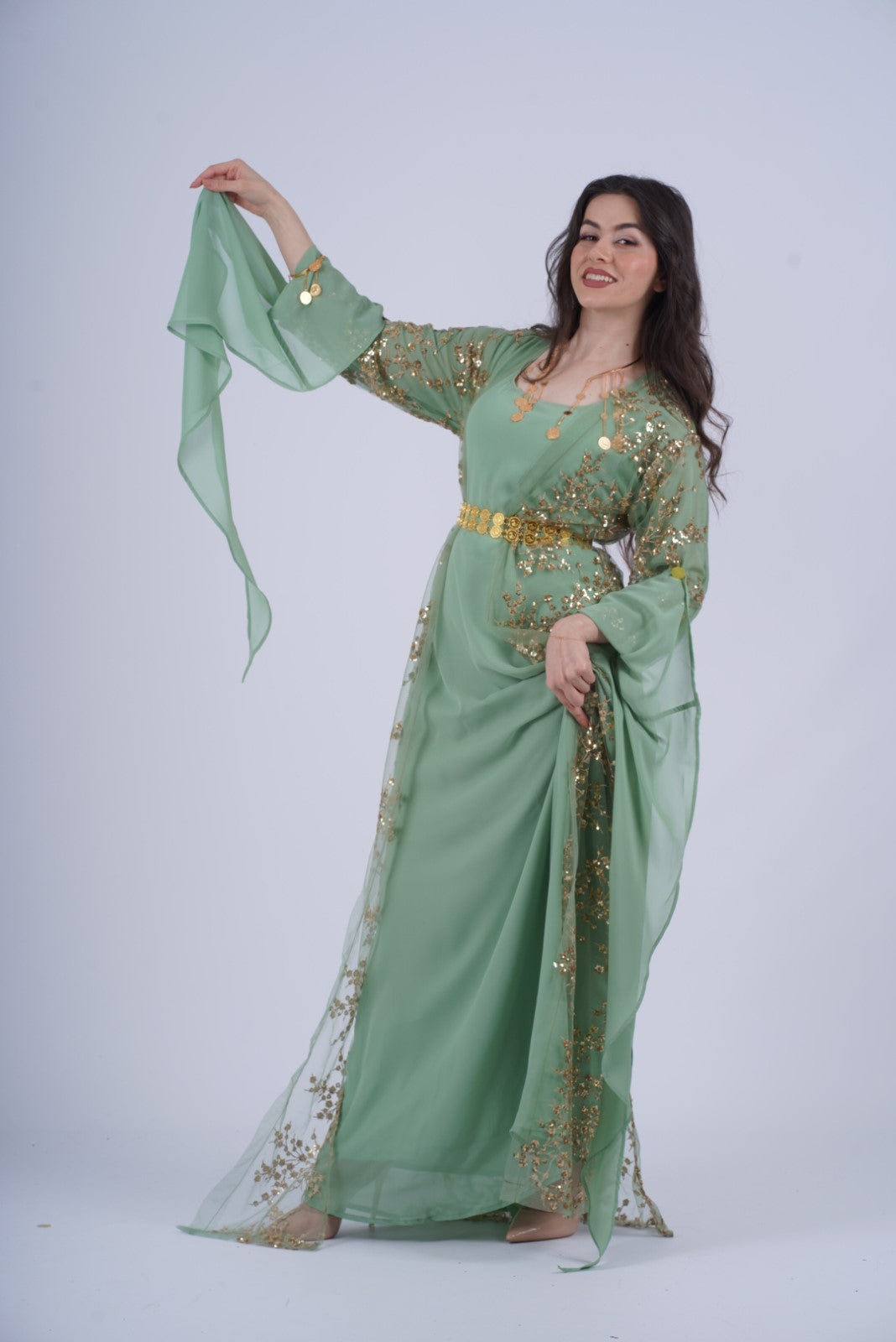 Shkofa Kurdish Dress – Mint Green Chiffon with Golden Sequin Embroidery