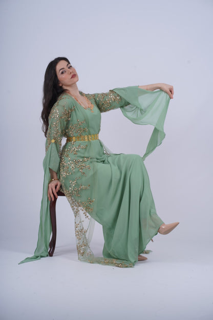 Shkofa Kurdish Dress – Mint Green Chiffon with Golden Sequin Embroidery