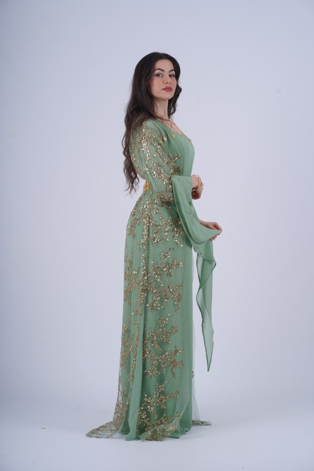 Shkofa Kurdish Dress – Mint Green Chiffon with Golden Sequin Embroidery