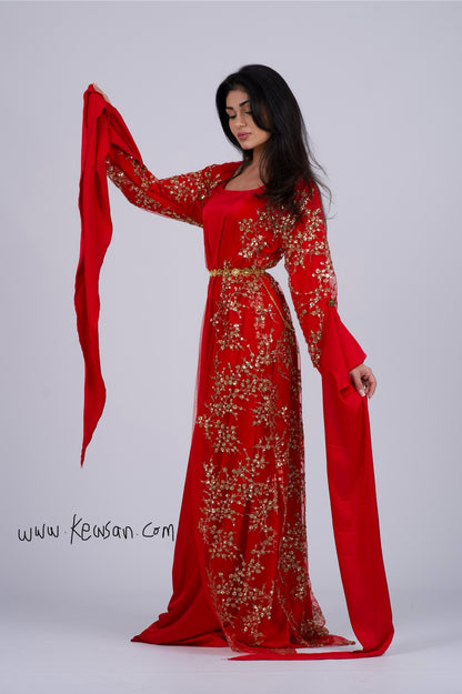 Shkofe Red Golden Kurdish traditional dress, front view with sequenced embroidery