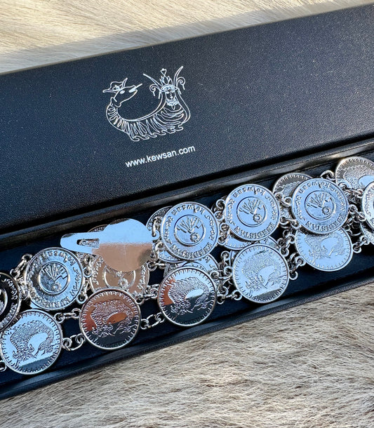 Silver Shamaran Belt – Traditional Kurdish belt with symbolic 23mm coins featuring Shamaran and Kurdish heritage designs.

