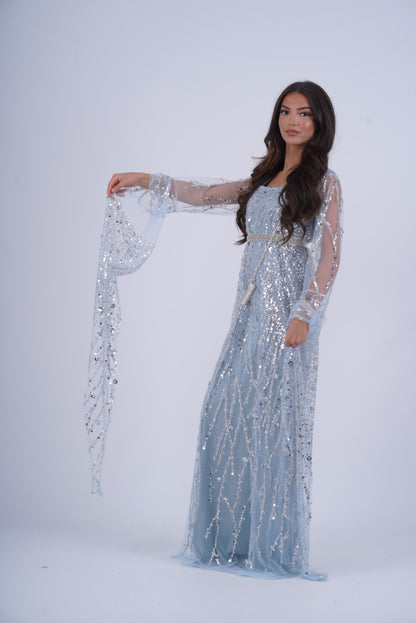 Newroz Sky Blue Luxury  Dress – Elegant Kurdish Traditional Dress including belts and Arm pins Silver Shamaran