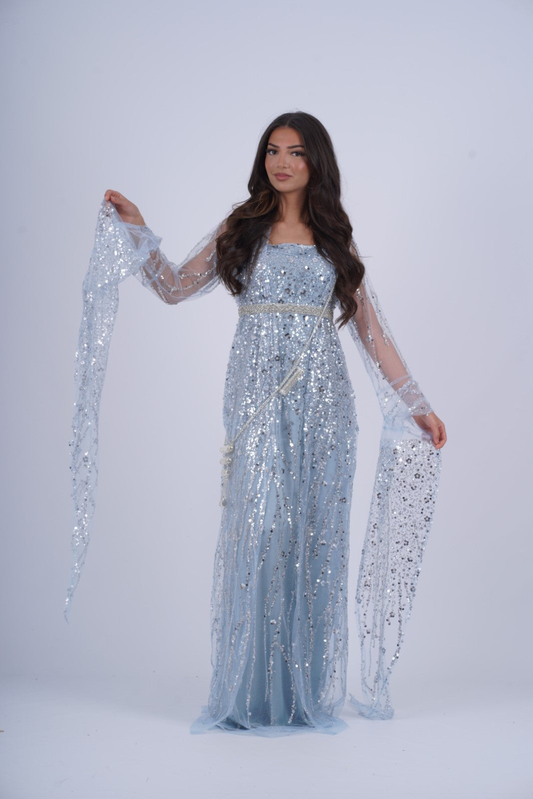 Newroz Sky Blue Luxury  Dress – Elegant Kurdish Traditional Dress including belts and Arm pins Silver Shamaran