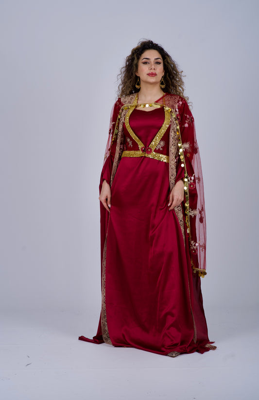 Traditional Kurdish outfit in burgundy red wine, crafted from satin silk with 4 elegant pieces. Shipped globally, including Germany, Denmark, and the USA.