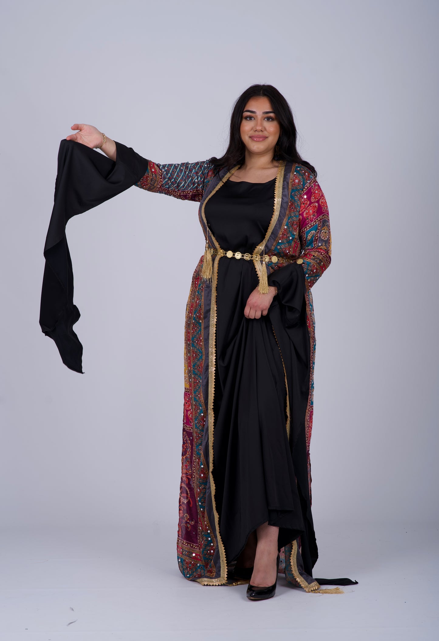 Black Kurdish Kawa front view with golden embroidery and mirror details