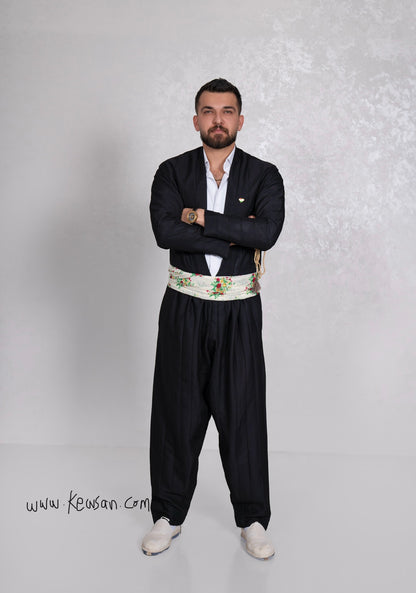  Kurdish men's outfit in Black, designed for Newroz, weddings, and festivals, with a breathable and lightweight feel.