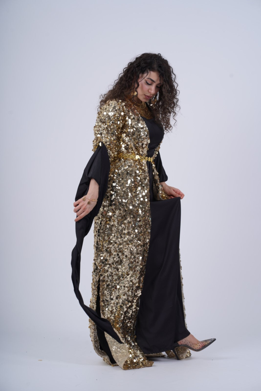 Golden Mixed size Sequins Kawa – Elegant Kurdish Kaftan | Traditional Kurdish Dress- with Kiras Black 2 items