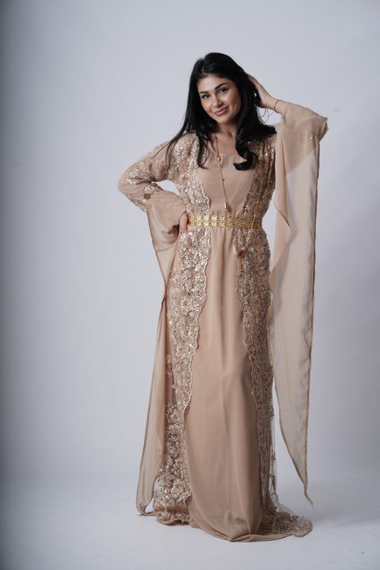 Beige Dilber Kurdish Dress – 3-Piece Dilber Collection Kawa Crystal Embroidery