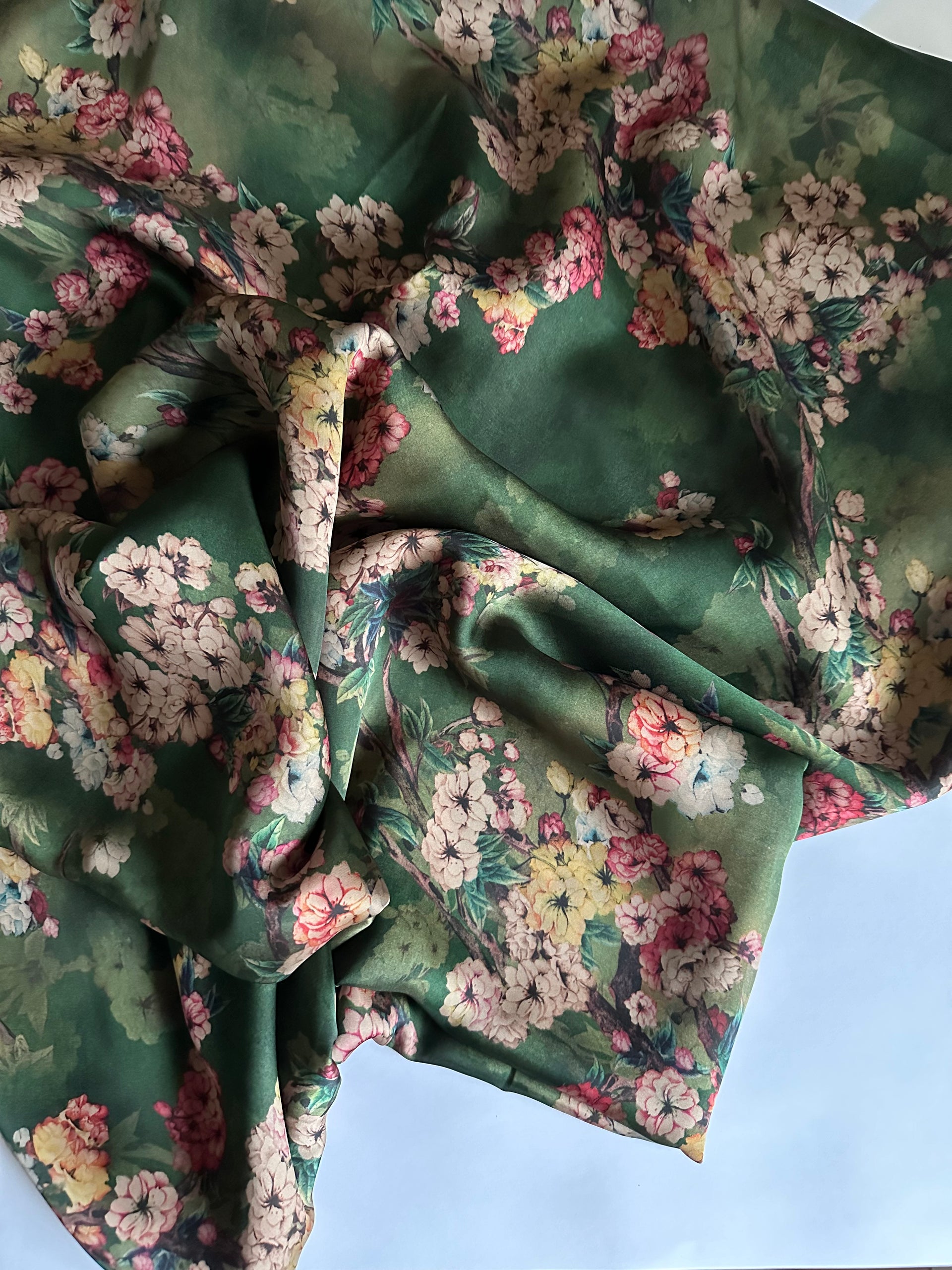 garden silk dress material Luxurious Green Floral Beads & Moti Handwork Banarasi Silk Dress Mater