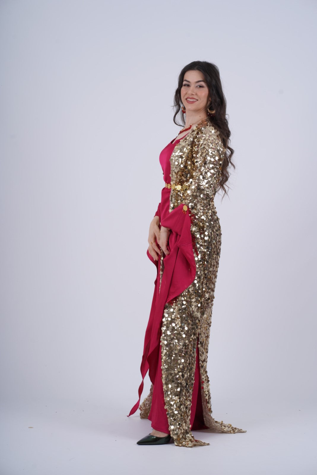 Golden Mixed size Sequins Kawa – Elegant Kurdish Kaftan | Traditional Kurdish Dress- with Kiras  RED Burgundy 2 items