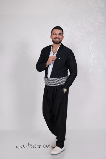 Front view of the Hawraman Collection in Black – a traditional Kurdish outfit for men, inspired by Shal u Shapik.