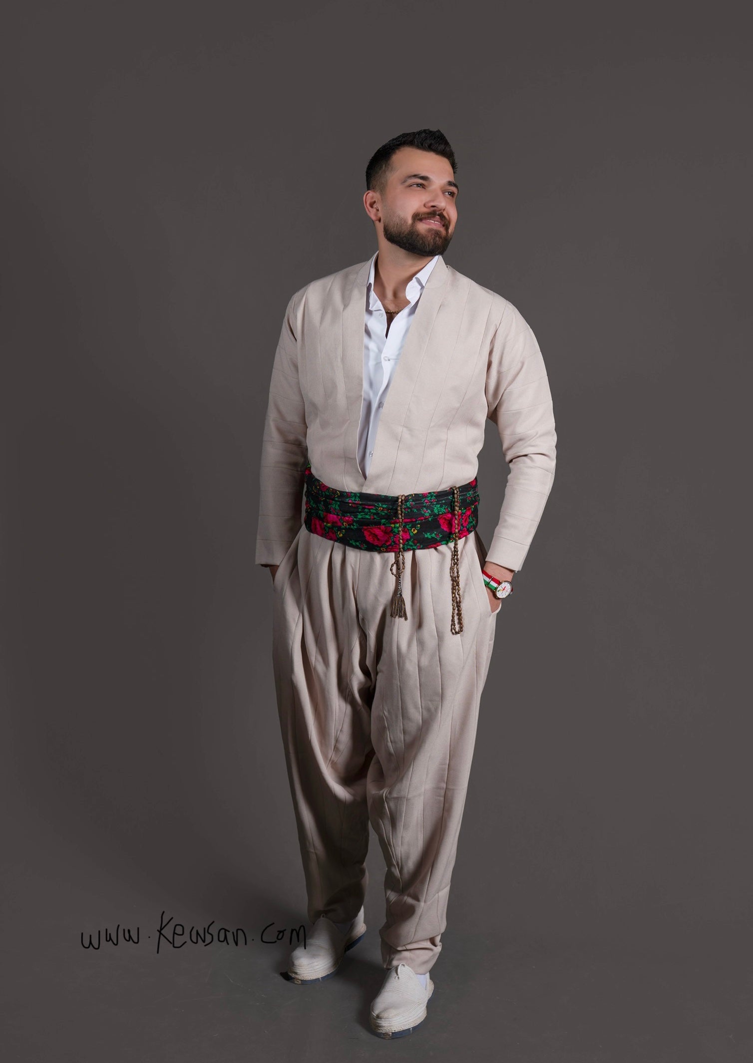  Front view of the Hawraman Collection in Light Beige – Kurdish traditional men’s outfit for weddings and engagements.