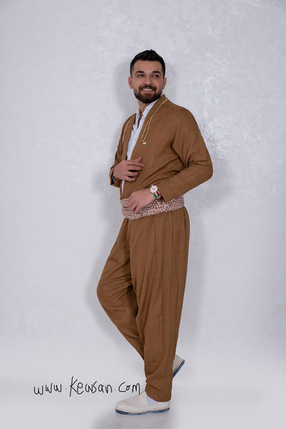 Front view of the Hawraman Collection in Light Brown – a traditional Kurdish outfit for men, perfect for weddings and festivals.