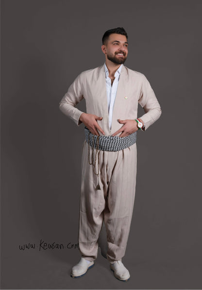 Close-up of the Hawraman Collection’s fabric – breathable and lightweight polyester for Kurdish men’s attire.