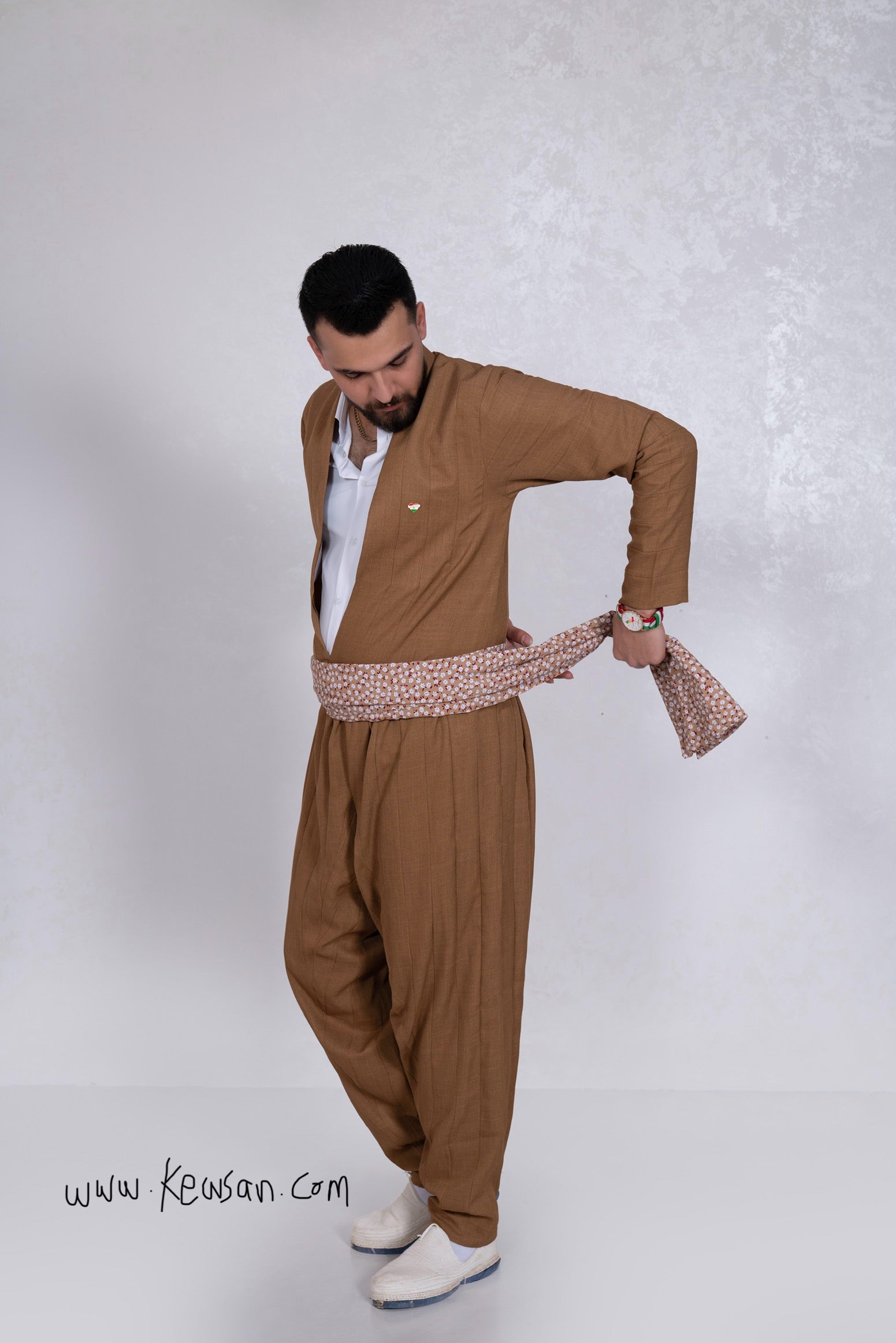  Side view of the Kurdish men's outfit in Light Brown, inspired by Shal u Shapik, made from high-quality polyester.