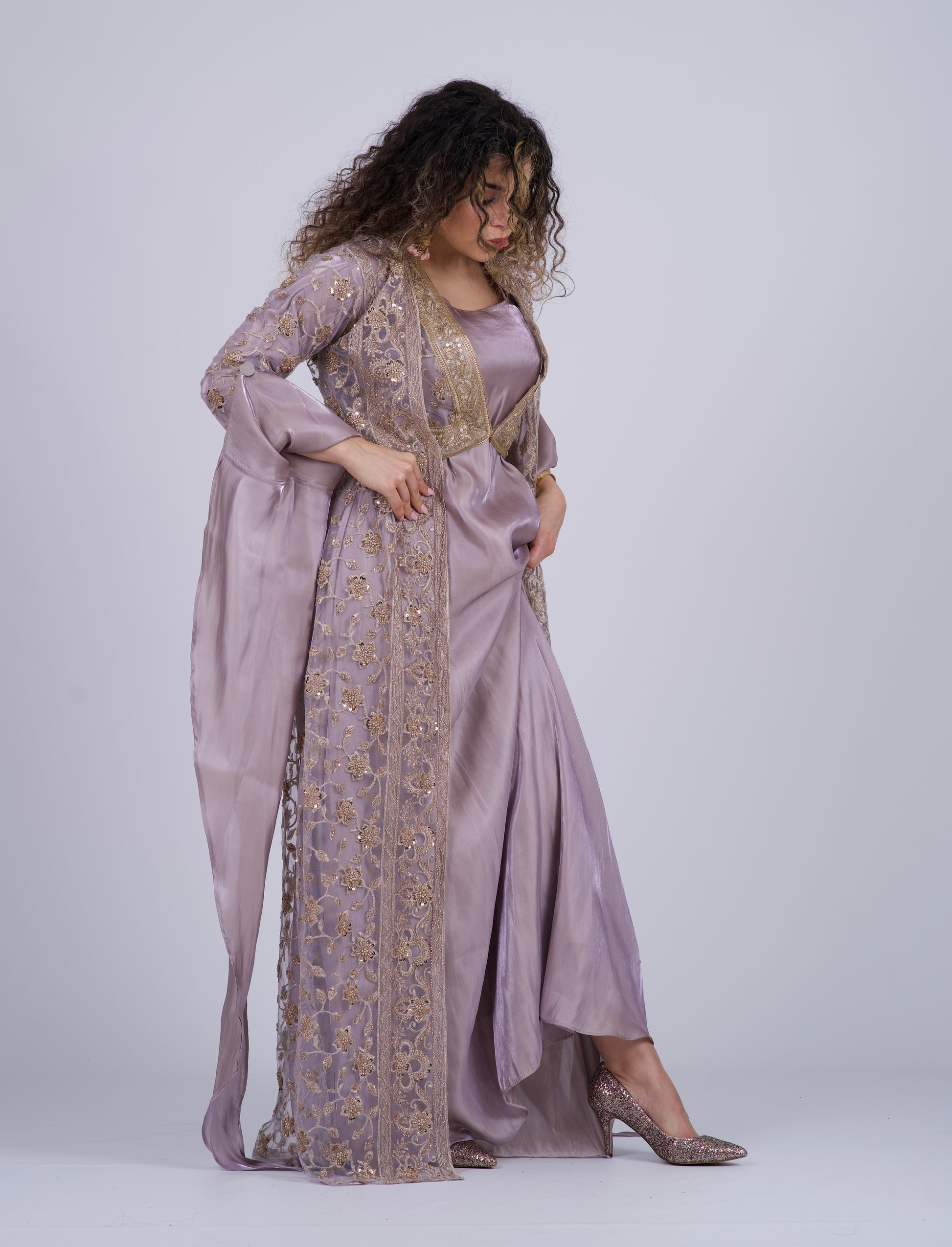 Elegant Kurdish dress with pastel purple-grey long coat featuring embroidery and crystals