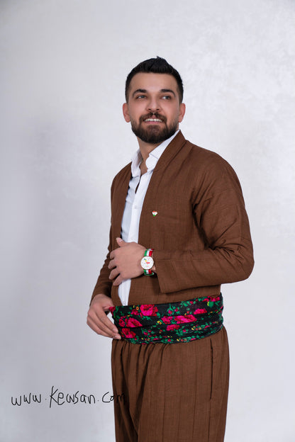  Modern Kurdish men's outfit in Brown, inspired by traditional Shal u Shapik, made from breathable polyester for comfort.

