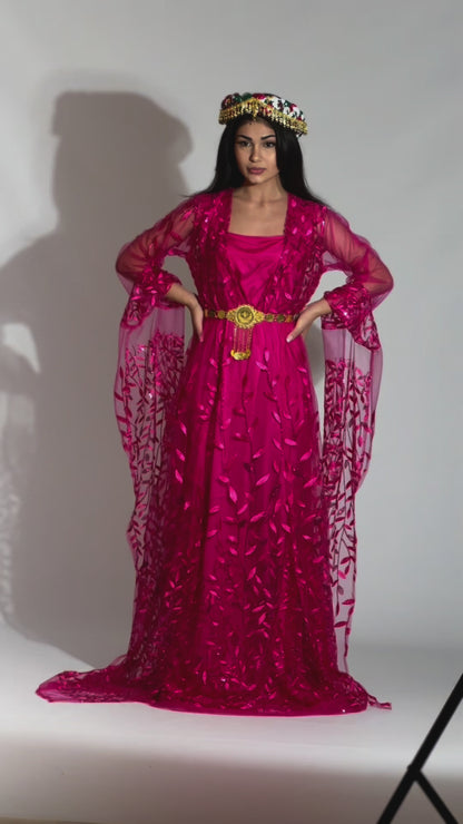 Badini-Style Kurdish Dress – Hot Pink with Leaf Embroidery