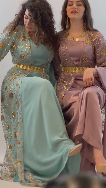 Chro Collection – Sky Blue Kurdish Dress with Golden Sequin Flowers ( 3 items)