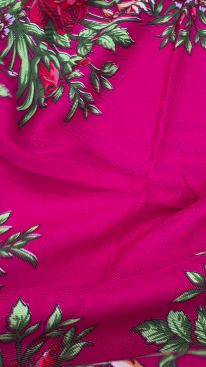 Hot Pink Floral Scarf | 110x110 cm | Luxurious Soft Touch with Tassels