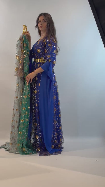Chro Collection – Badini Model, Carbon Blue Kurdish Dress with Golden Flowers ( 2-Piece Set)