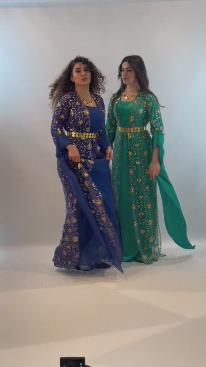 Chro Collection – Green Kurdish Dress with Golden Flower Embroidery (2-Piece Set)
