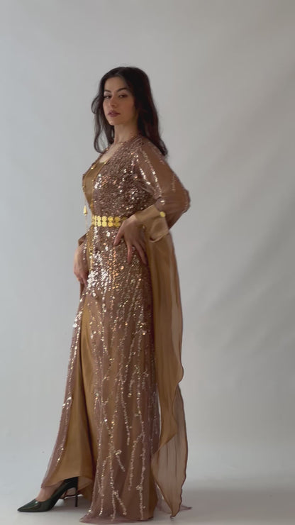 Newroz Warm Brown – Luxurious Kurdish Dress with Golden Crystal Embroidery