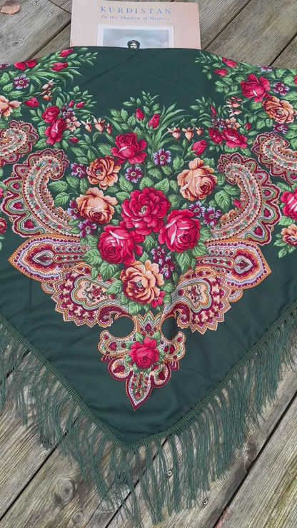 Elegant Dark Green Floral Scarf | 110x110 cm | Luxurious Soft Touch with Tassels