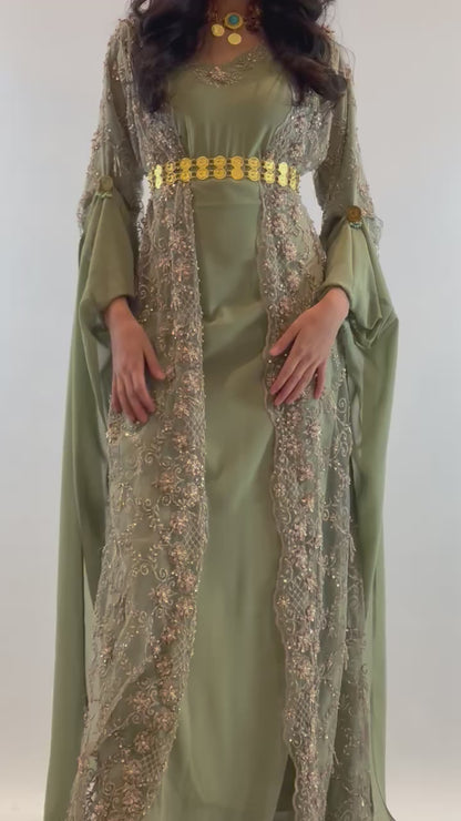 Awaz Kurdish Dress Light  Green  Golden  hand beaded