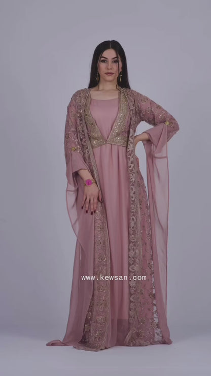 Chia Collection: Elegant Kurdish Dress Set in Matte Pink with Crystal Beads & Embroidery